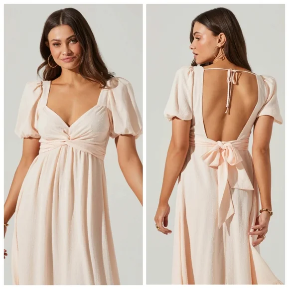 knee length dresses for ladies Cream Puff Sleeve Back Tie Dress S main image 0